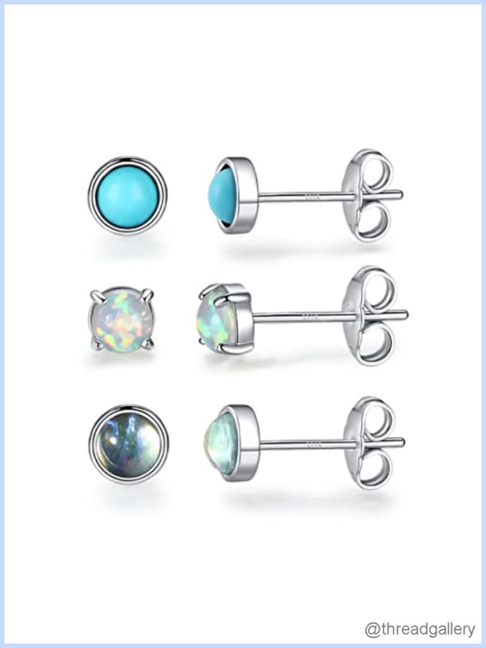3 Pair 925 Sterling Silver Post Opal Turquoise Moonstone Stud Earrings Set